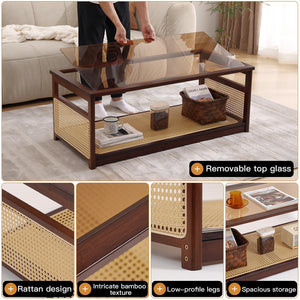 Rattan Glass Coffee Table with Storage Shelf