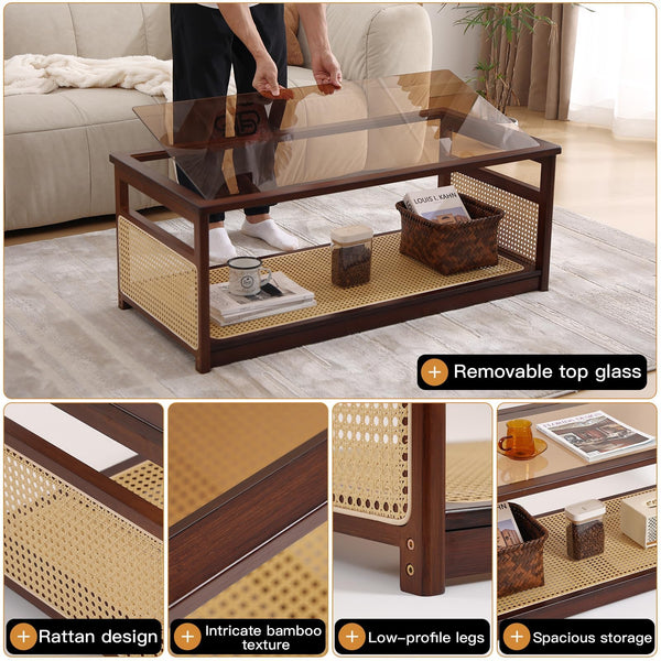 Rattan Glass Coffee Table with Storage Shelf