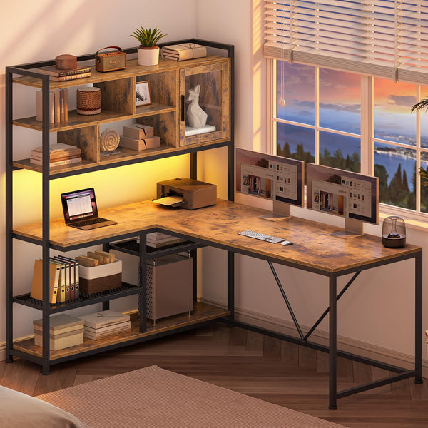 L-Shaped Computer Desk with LED Lights, Bookshelf & Storage Shelves