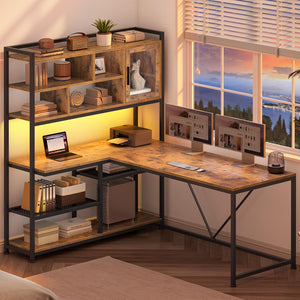 L-Shaped Computer Desk with LED Light and Bookshelf