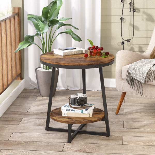 2-Tier Round Industrial End Table with Storage Shelf
