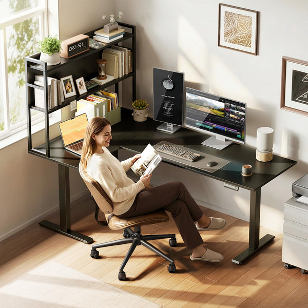 L-Shaped Electric Standing Desk 63 Inch with Storage Shelf