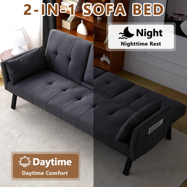 Convertible Velvet Futon Sofa Bed with Cup Holder