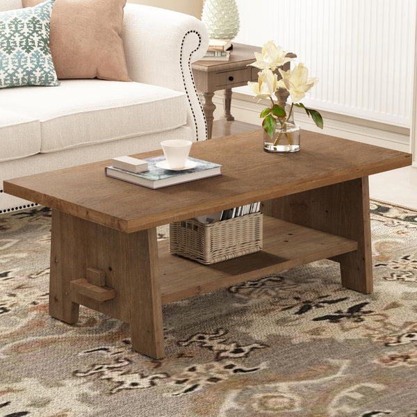 Farmhouse Wood Coffee Table with Storage Shelf