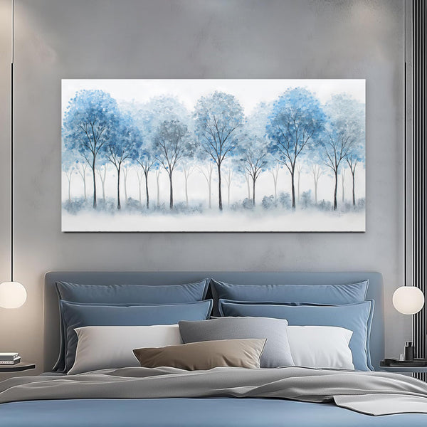 Blue Forest Canvas Wall Art – White Misty Trees Landscape, Multiple Sizes