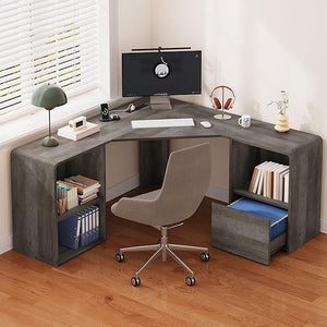 59-Inch L-Shaped Desk with Power Outlets & File Drawer