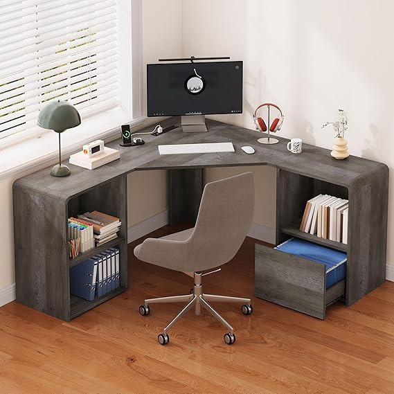59-Inch L-Shaped Desk with Power Outlets & File Drawer