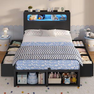 Twin Storage Bed Frame with LED Headboard & Power Outlets