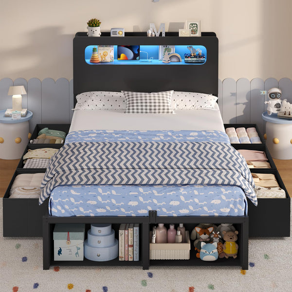 Twin Storage Bed Frame with LED Headboard & Power Outlets