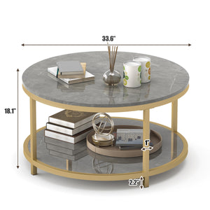 Round Coffee Table with Open Shelf, 33.5" Faux Marble Top, Gold Metal Legs