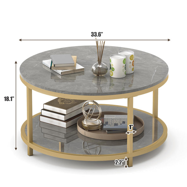Round Coffee Table with Open Shelf, 33.5" Faux Marble Top, Gold Metal Legs