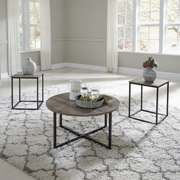 3-Piece Coffee & End Table Set – Round Top, Metal Frame, Wood Grain