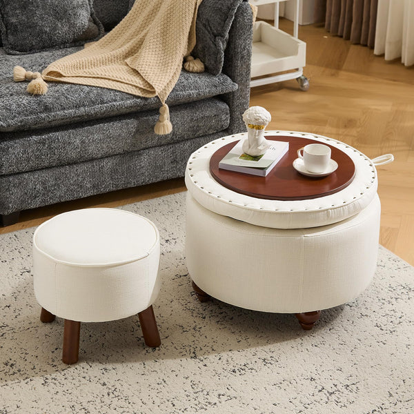 Round Storage Ottoman Set of 2 with Removable Lid & Small Stool