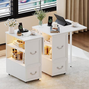 Rolling End Table with Charging Station & LED Lights