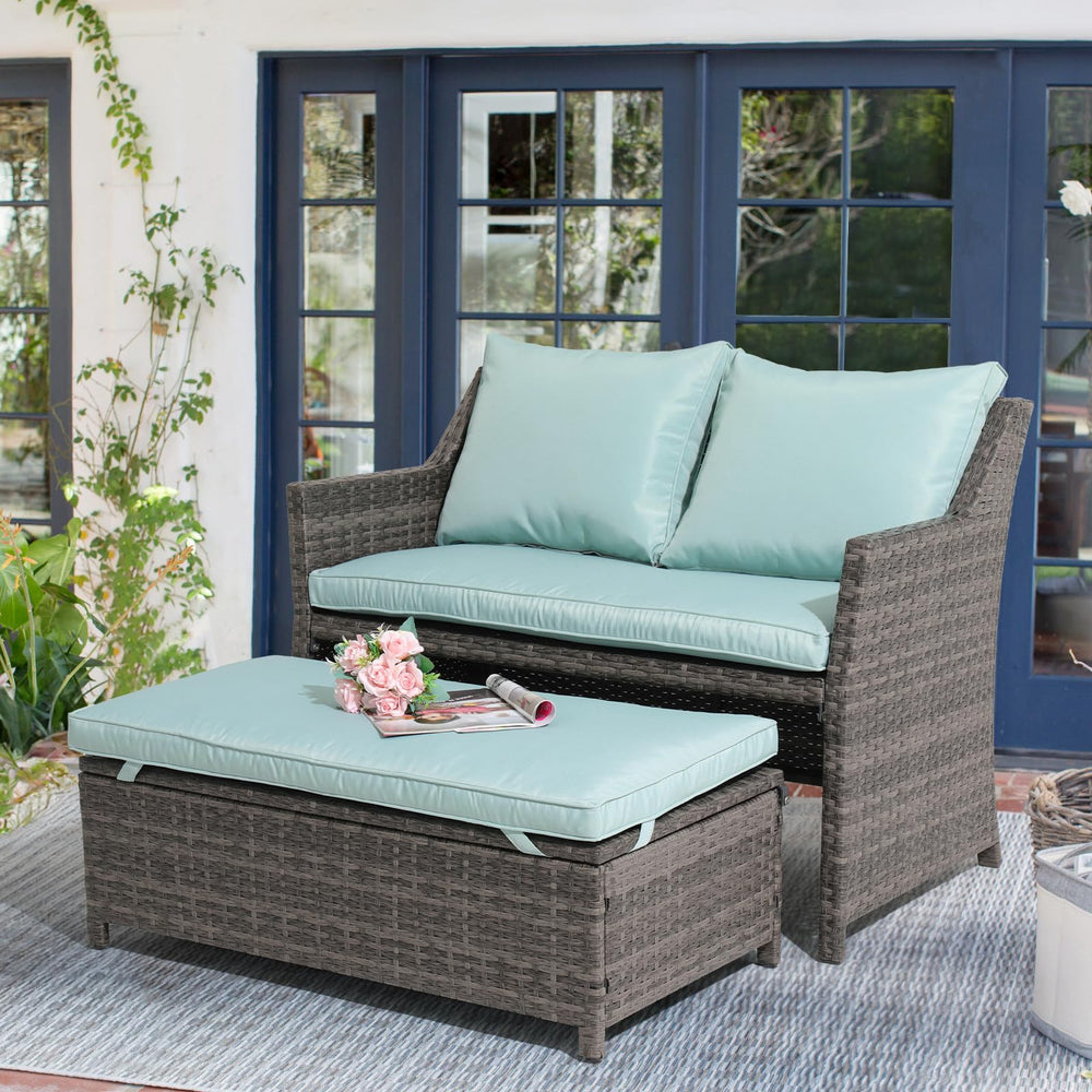 2-Piece Outdoor Wicker Loveseat & Coffee Table Set with Storage