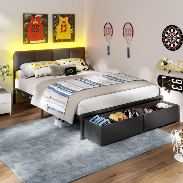 Queen Bed Frame with LED Lights, Storage Drawers & Charging Station