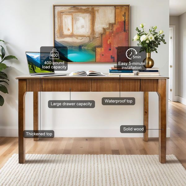 Mid-Century Modern Solid Wood Writing Desk with 2 Drawers