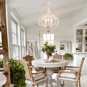 5-Light Farmhouse Chandelier – Distressed White, Rustic Wood, Adjustable Height