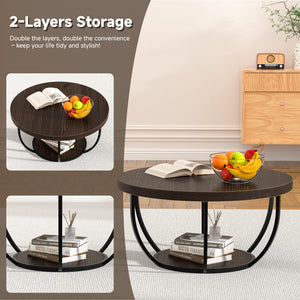 Round Coffee Table with 2-Tier Storage & Steel Frame