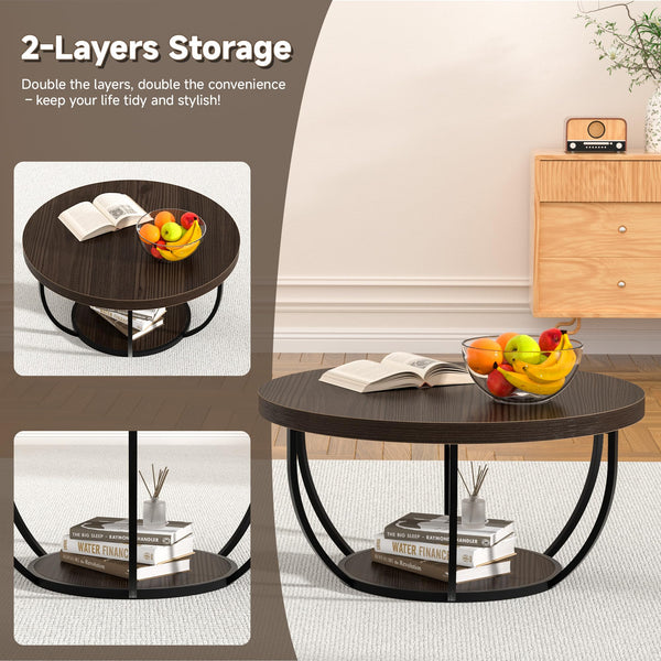 Round Coffee Table with 2-Tier Storage & Steel Frame