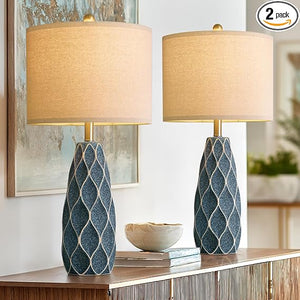 Ceramic Table Lamp Set of 2 — Boho Bedside Nightstand Lamp
