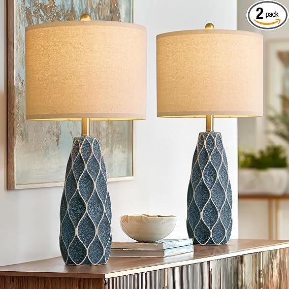 Ceramic Table Lamp Set of 2 — Boho Bedside Nightstand Lamp