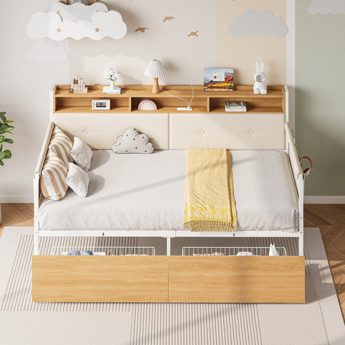 Twin Daybed with Storage Drawers, Upholstered Headboard & Charging Station