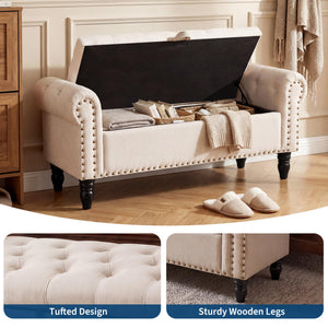 51" Upholstered Storage Bench | Button Tufted End of Bed Ottoman with Safety Hinge