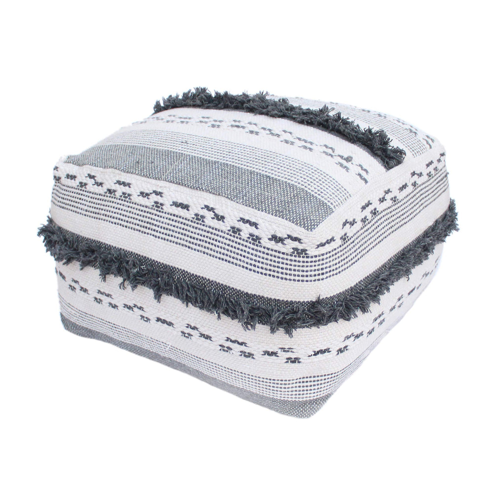 Handmade Boho Wool Cotton Pouf Ottoman with Fringe Trim