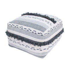 Handmade Boho Wool Cotton Pouf Ottoman with Fringe Trim