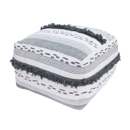 Handmade Boho Wool Cotton Pouf Ottoman with Fringe Trim