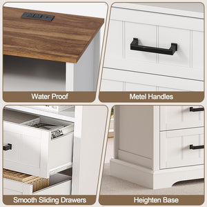 Farmhouse Nightstand Set of 2 with Charging Station & 2 Drawers