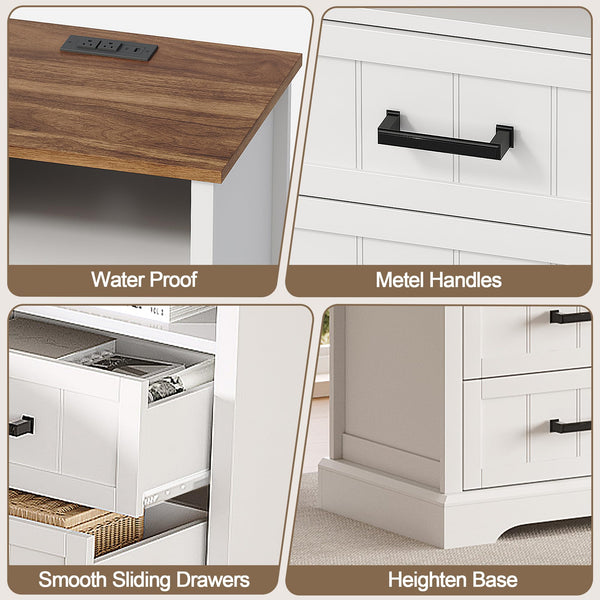 Farmhouse Nightstand Set of 2 with Charging Station & 2 Drawers
