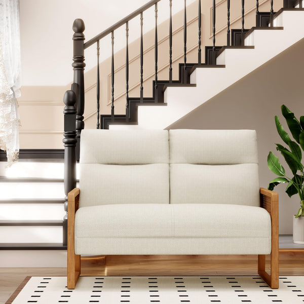 Linen Loveseat with Natural Rattan Arms & Oak Legs