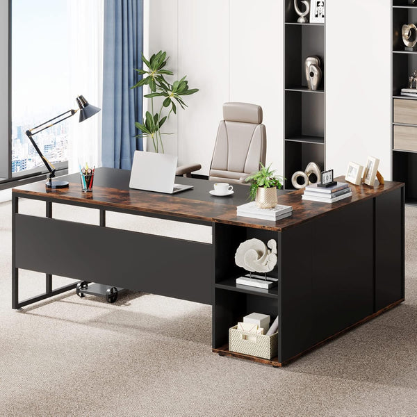 Tribesigns 71 inch Executive Desk, L Shaped Desk with Cabinet Storage, Executive Office Table with Shelves, Business Furniture Set Workstation for Home Office, Gray