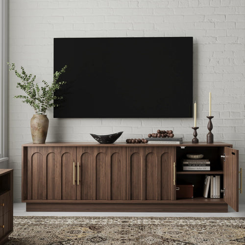 67" Mid-Century Modern TV Stand for 75 Inch TVs – Arched Wood Grain Media Console