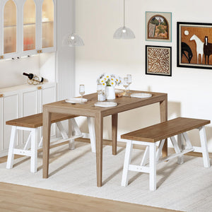 Bamboo Dining Bench — Farmhouse Style, Walnut + White
