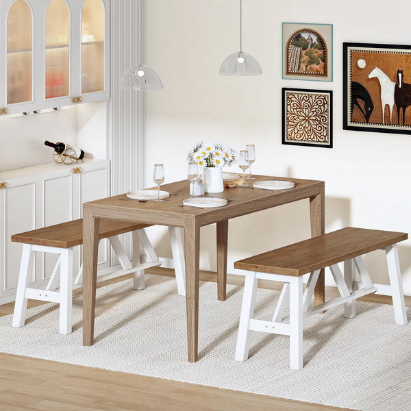 Bamboo Dining Bench — Farmhouse Style, Walnut + White