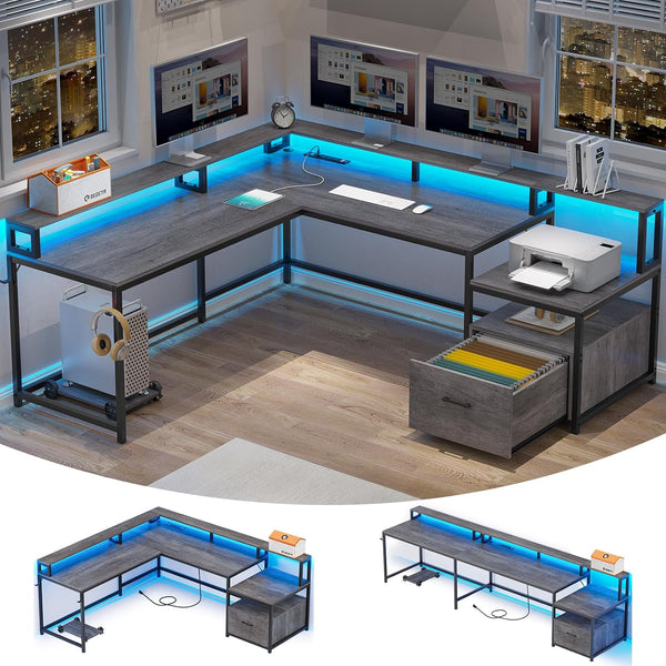 L-Shaped Corner Office Desk 66 Inch with File Drawer, LED Lights & Monitor Shelf