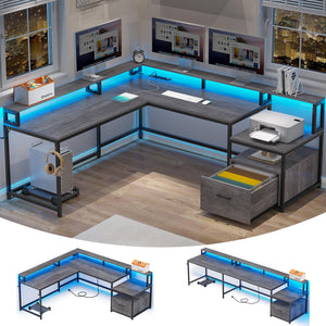 L-Shaped Corner Desk with File Drawer, LED Lights & Monitor Shelf
