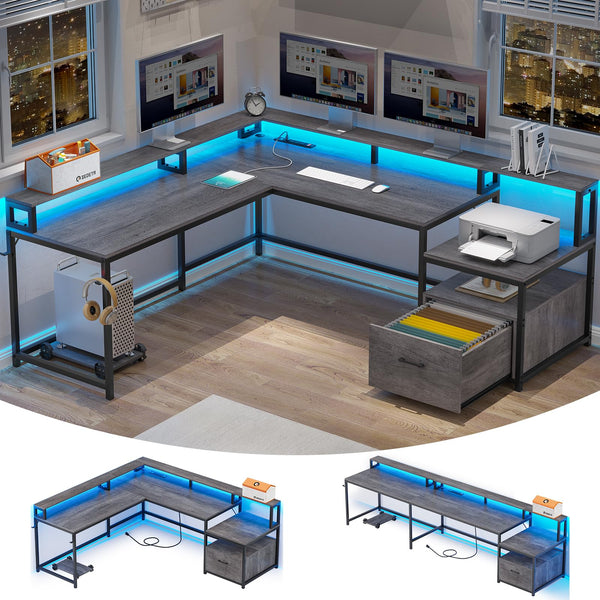 L-Shaped Corner Desk with File Drawer, LED Lights & Monitor Shelf