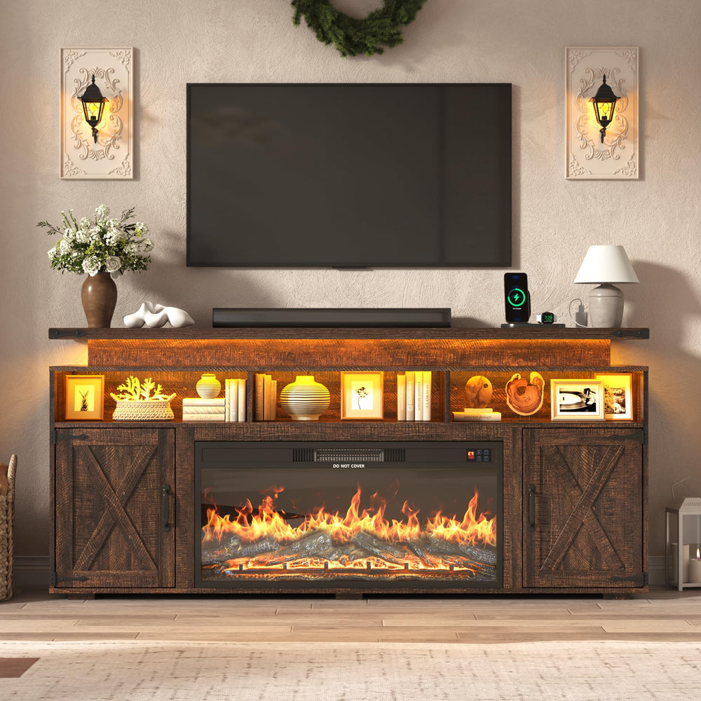 70" Fireplace TV Stand with 36" Electric Fireplace & Storage Cabinets