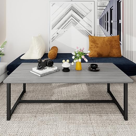 Rectangular Coffee Table with Metal Frame and Wood Top