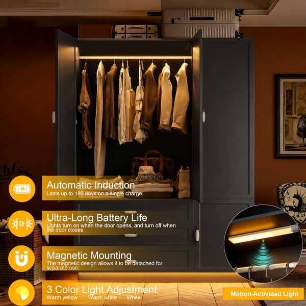 72" 3-Door Wardrobe with LED Light & Drawers