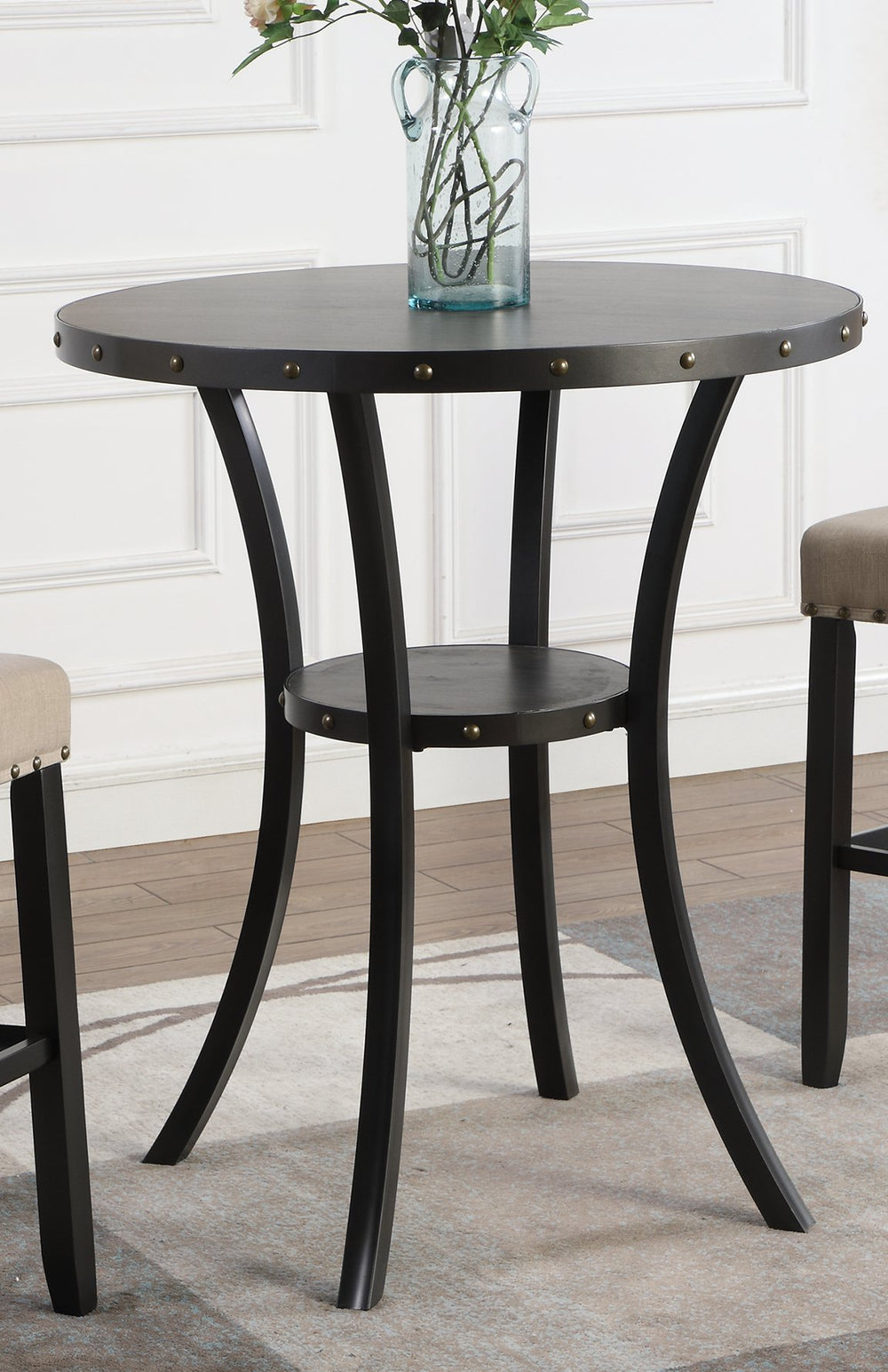 3-Piece Bar Height Dining Set – Round Table & Nail Head Stools