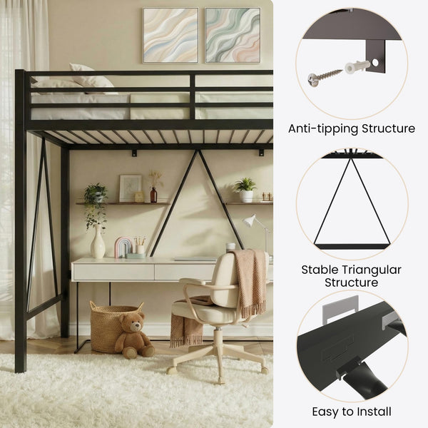 Twin Loft Bed with Metal Slats – Black
