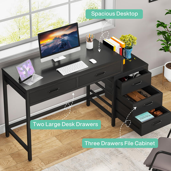 Computer Desk with 5 Drawers and Reversible File Cabinet