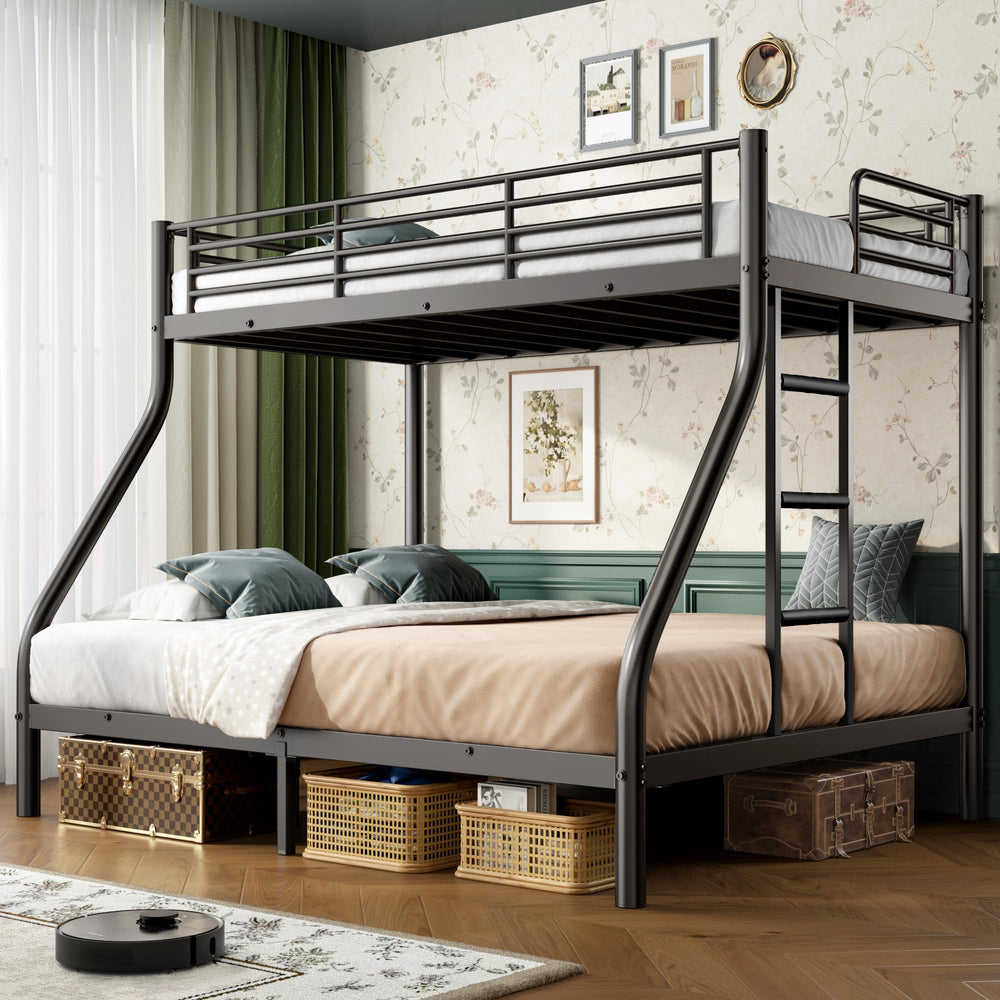 Twin XL Over Queen Bunk Bed – Heavy Duty Metal Frame with Guardrail