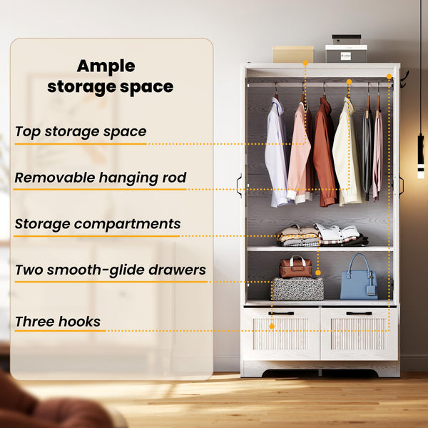 Armoire Wardrobe Closet with Doors, Drawers & Hanging Rod – White