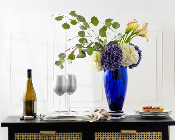 Cobalt Blue Glass Footed Round Vase 13.9"H